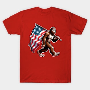 Bigfoot Carrying American Flag T-Shirt